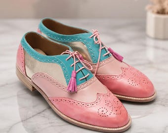Handmade Women Pink Leather Oxford Shoes, 3 Tone Wingtip Brogues, Custom Pink Turquoise Dress Shoes, Stylish Color Block Shoes
