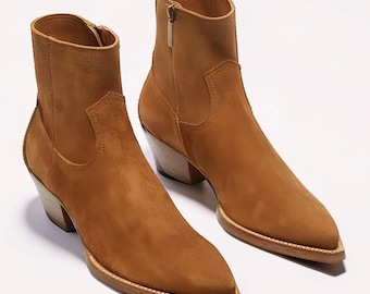 Handmade men's Tan Pointed Toes Dress Boots, Men Western Cuban Heel Boot for Men
