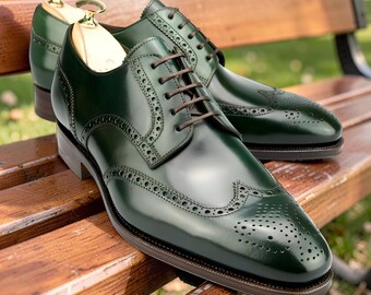 Handmade Men's Wingtip Brogue Green Color Genuine Leather Shoes Casual Boots