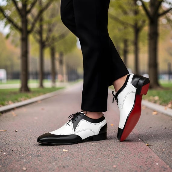 red black and white dress shoes Christian Louboutin Handmade Men’s Leather Oxfords Wingtip Color Lace Up these designer brogues for dark-tropics-1382 See Margot Robbie Transform My Actual Bust is:42