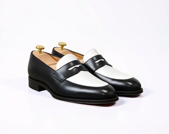 New Trendy Handmade Men's Black & White Leather Slip On Formal Moccasin Shoes.