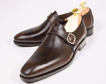 Handmade Mens Oxfords brown leather monk shoes, Men brown leather dress shoes