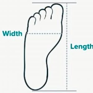 May include: Illustration of a foot outline with dotted lines indicating width and length measurements. The words "Width" and "Length" are labeled in teal text, providing visual guidance for foot measurement.
