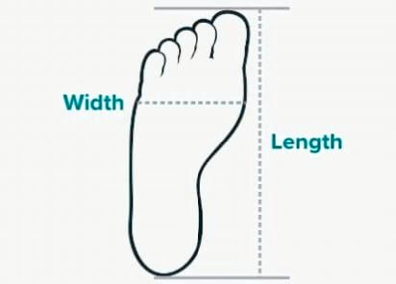 May include: Illustration of a foot outline with dotted lines indicating width and length measurements. The words "Width" and "Length" are labeled in teal text, providing visual guidance for foot measurement.