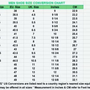 Puede incluir: Una tabla de conversión de tallas de zapatos para hombre con tallas de EE. UU., UE y Reino Unido, pulgadas y centímetros. La tabla incluye tallas desde la US 5 (9 pulgadas, 22,9 cm) hasta la US 16 (12 5/8 pulgadas, 32,1 cm).
