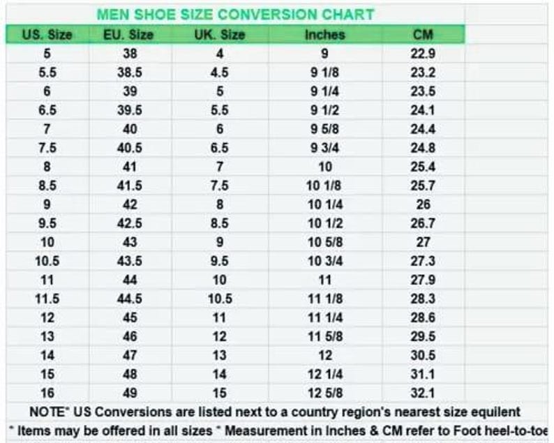 Men Shoes Size Conversion Chart - Etsy