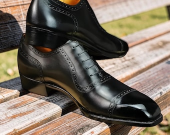 Handmade Black Leather Oxford Brogue Shoes: Men's Formal Dress Footwear