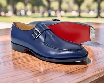 Navy Blue Leather Monk Strap Shoes with Red Sole, Single Buckle Closure