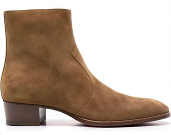 Men's Tan Suede Ankle Boots, Handmade Zipper Side Leather Footwear
