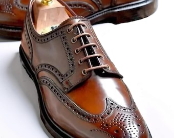 Men's Handmade Genuine Brown Leather Lace Up Oxford Brogue Formal Dress Shoes