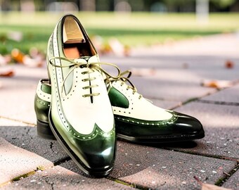 Handmade Shoes Men Green White Color Pure Leather Wing Tip Brogues Oxford Shoes