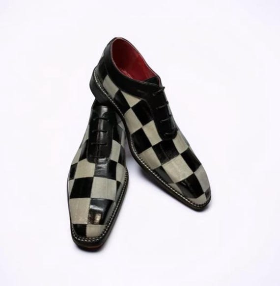 Handmade men black and white check square design shoes, formal office shoes mens