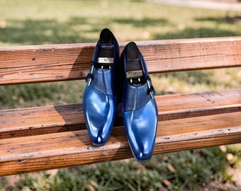 Handmade Blue Leather Monk Strap Shoes: Men's Formal Fashion