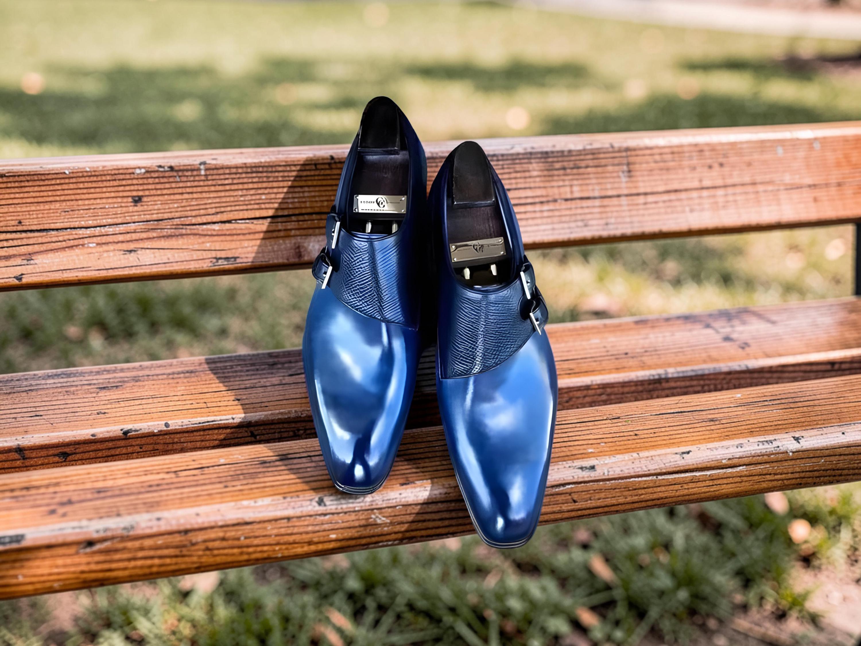 blue dress shoes outfit men Paul Parkman Blue Hand Painted Derby Shoes (ID#633BLU13) -----