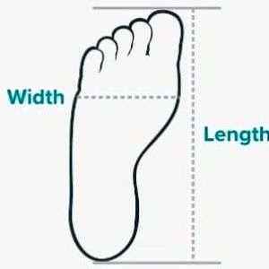 Peut inclure: Sch&eacute;ma d'un pied avec des lignes pointill&eacute;es indiquant les mesures de largeur et de longueur. Les mots "Largeur" et "Longueur" sont &eacute;tiquet&eacute;s en turquoise, pour guider la mesure du pied.