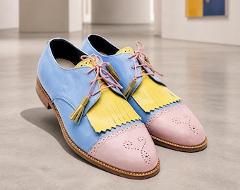 Pastelowe buty Oxford dla kobiet, kolorowe skórzane buty typu „siodło”, brogsy z frędzlami Kiltie, urocze skórzane buty retro, ręcznie robione buty na zamówienie