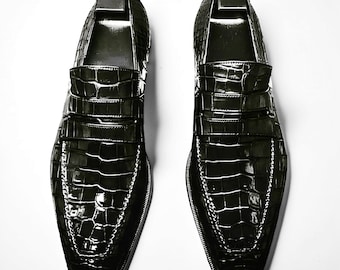 Classic Mens Alligators Shoes, Men crocodile Patterned dress shoes moccasins