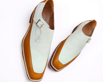 Handmade Two Tone Leather Monkstrap Shoes - Men's Dress Shoes