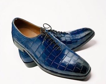 Handmade Blue Alligator Texture Dress Shoes Genuine Leather Oxford Formal Boots