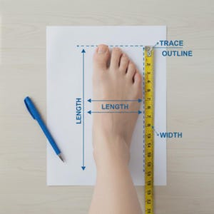 Peut inclure: Un pied sur une feuille de papier blanche avec un m&egrave;tre ruban jaune. Le texte sur l'image indique "TRACE OUTLINE", "LENGTH" et "WIDTH". Un stylo bleu est &eacute;galement visible.