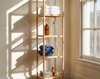 Estantería de baño de bambú de 5 niveles con travesaños protectores y kit de seguridad antivuelco.