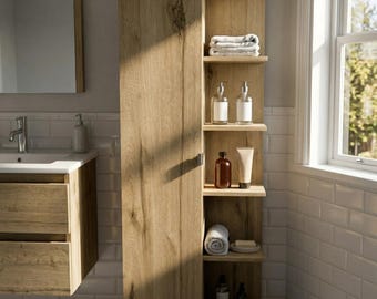 Portland Tall Linen Cabinet Light Oak Bathroom Storage Tower With Nine Shelves Narrow Cupboard