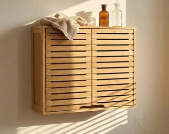 Bamboo 2-Tier Bathroom Wall Cabinet With Adjustable Shelf and Slotted Double Doors