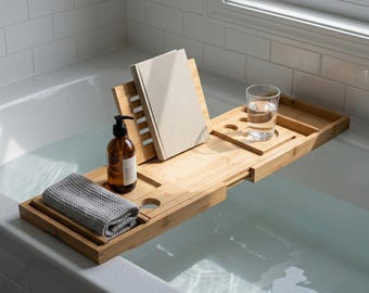 Bamboo Bathtub Tray Caddy Expandable Bath Bridge Tablet Holder Wine Glass Rack Natural Wood