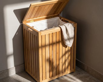Cesto de ropa de bambú para spa con forro de lona, cesta de ropa de baño de madera natural