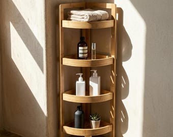 Estantería esquinera de bambú de 4 niveles para baño con bordes elevados y asas troqueladas para facilitar su transporte.