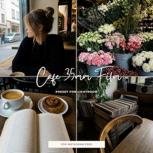 Op de afbeelding: Een digitale fotocollage met een persoon in een zwarte trui zittend aan een cafétafel met een kop koffie, een gebakje en een open boek, naast een uitstalling van diverse kleurrijke bloemen in metalen emmers en een houten krat met vinylplaten.