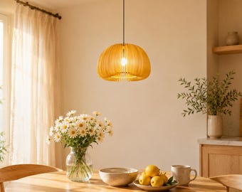 Wood Pendant Light, Adjustable Pumpkin Hanging Lamp for Dining Room, Kitchen Island, Japandi Ceiling Light