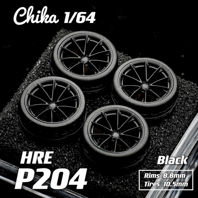 May include: Four black model car wheels with the text "Chika 1/64", "HRE P204", and "Black". The rims measure 8.8mm and the tires measure 10.5mm. The wheels have a multi-spoke design.