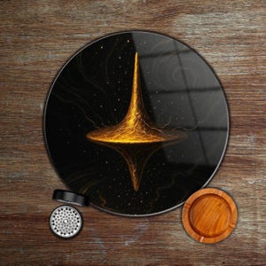 May include: A round, black glass coaster with a gold-colored, abstract design of a spinning top against a starry background. A black grinder and a wooden ashtray are also visible.