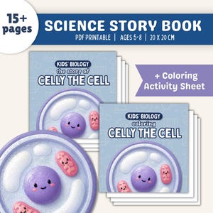 May include: A stack of science story books for kids, featuring the title "Science Story Book" and the text "Celly the Cell." The books are 20 x 20 cm and include a coloring activity sheet. The cover art shows a cartoon cell.