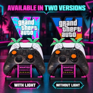 May include: Two black video game controller stands featuring Grand Theft Auto VI branding, palm tree accents, and a Wanted sign with customizable text. One stand includes integrated lighting, while the other does not, both displaying white and black controllers.