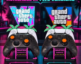 May include: Two black video game controller stands featuring Grand Theft Auto VI branding, palm tree accents, and a Wanted sign with customizable text. One stand includes integrated lighting, while the other does not, both displaying white and black controllers.