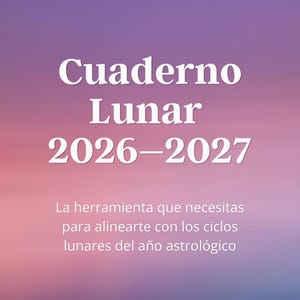 Puede incluir: Un cuaderno con un fondo degradado púrpura y rosa. El texto "Cuaderno Lunar 2026-2027" está en blanco, con texto adicional debajo. El cuaderno está diseñado para alinearse con los ciclos lunares del año astrológico.