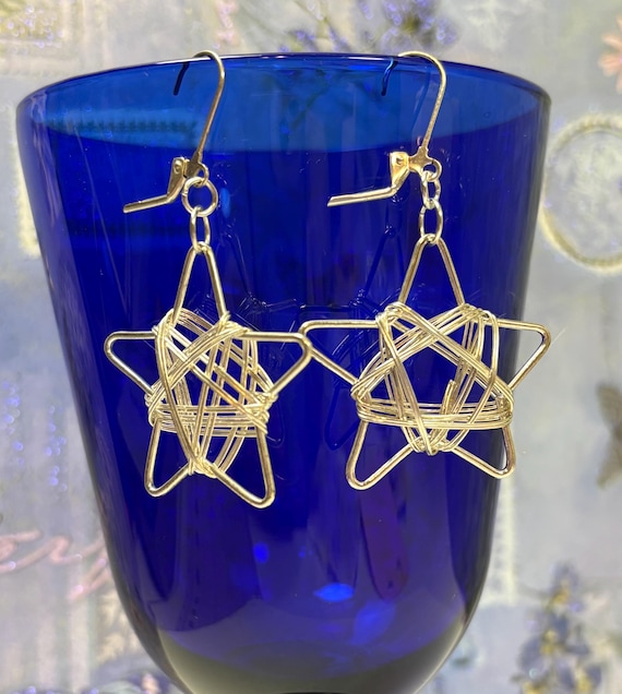 Wire Wrapped | Star Earrings | Silver Tone Dangle Earrings