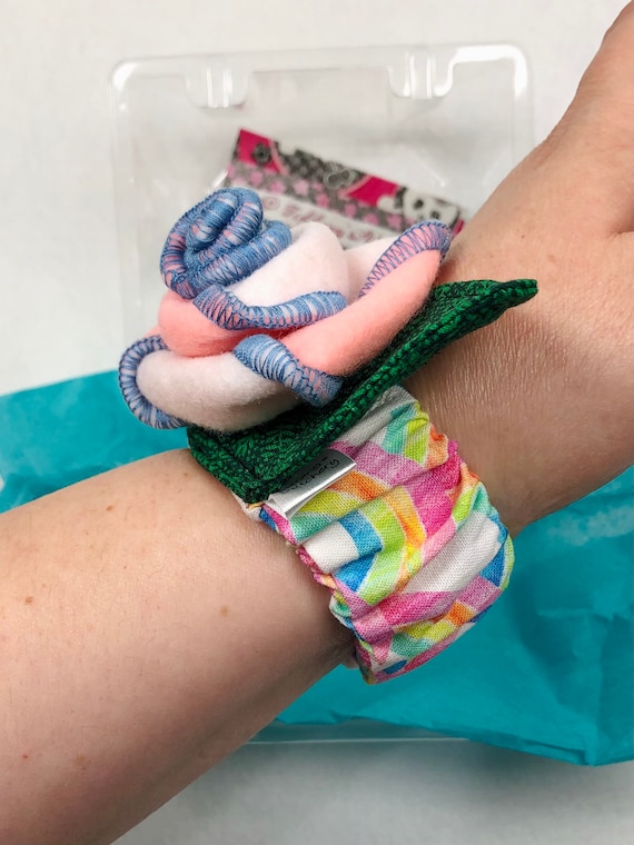 Wrist Pincushion Rose White Pink & Blue with pastel Rainbow cuff