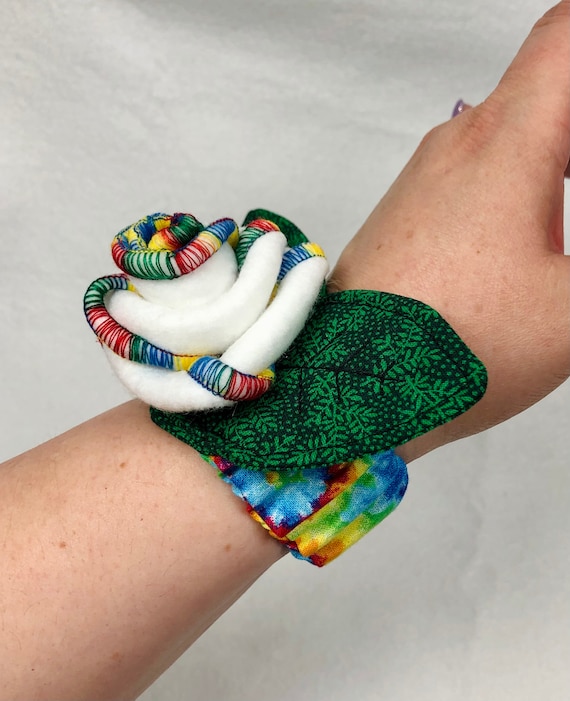 Wrist Pincushion Rose White & Rainbow Tie Dye cuff