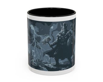 Taza de café con diseño de Thor guerrero vikingo, martillo y rayo / Taza decorativa de 11 oz / 15 oz