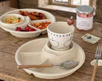 Piatto piano diviso in ceramica, vassoio da frutta fatto a mano con ciotola per salse, vassoio per la colazione in ceramica maculata, regalo unico per l'inaugurazione della casa in stile cottagecore