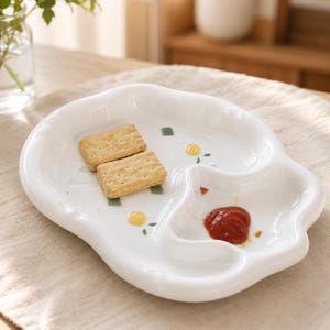 Handmade Cute Ceramic Divided Plate | Aesthetic Snack Platter with Sauce Holder | Kawaii Toast Cookie Dish, Vintage Breakfast Serving Trays