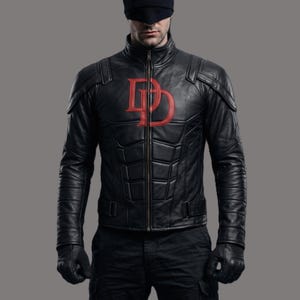 May include: A black leather jacket featuring a red DD logo on the chest, a full-length front zip, and structured paneling across the torso and shoulders. The jacket includes long sleeves, a high collar, and matching black leather gloves.