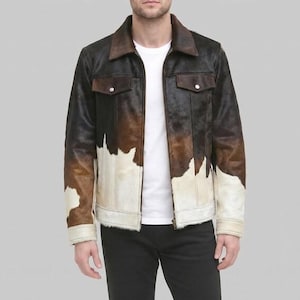 Men's Tricolor Hair-on-Hide Trucker Jacket | Patchwork Cowhide Leather Western Coat