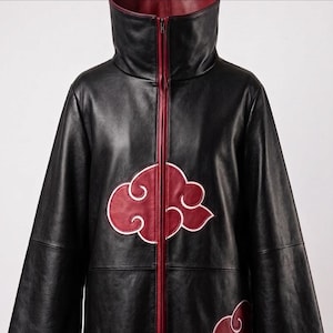 Anime Inspired Akatsuki Leather Cloak, Itachi Uchiha Trench Coat, Red Cloud Black Leather Robe