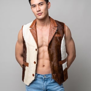 Handmade Men's Cowhide & Leather Patchwork Vest | Western Style Rugged Luxury Waistcoat | Artisanal Brown | White Cow Hair Sleeveless Jacket