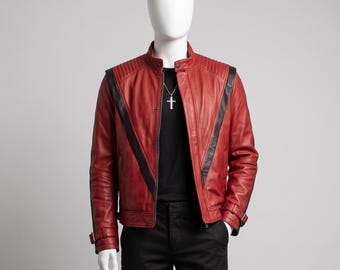 Chaqueta de cuero roja de Michael Thriller / Abrigo estilo motero / Cultura pop