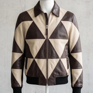 May include: A leather jacket featuring a geometric pattern of alternating dark brown and cream-coloured triangles. The jacket has a pointed collar, a full-length front zip closure, and black ribbed knit cuffs and a matching ribbed hem at the waist.